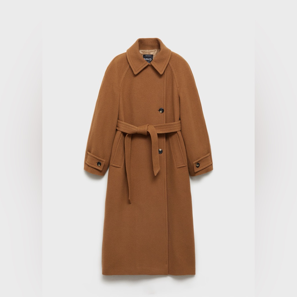 Mango Woolen Coat With Belt, Brown - Medium